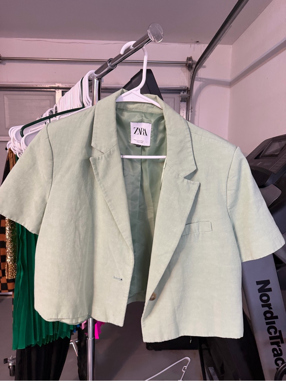 Zara Mint Green Cropped Linen-Blend Blazer